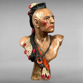 Mid-Century Chalkware Bust — Black Hawk with Feathered Mohawk