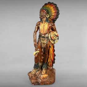Native American Warrior Folk Art Sculpture — Chalkware & Metal Composite