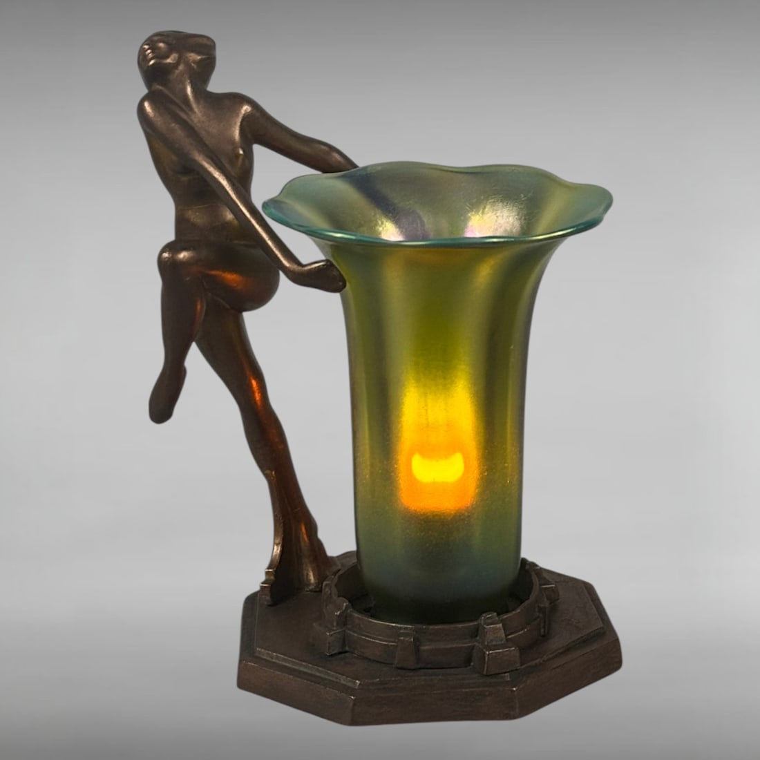 Frankart Art Deco Nude Diver Lamp with Iridescent Green Glass Shade
