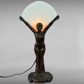 Vintage Art Deco Style Nude Female Figural Lamp with Fan Shade