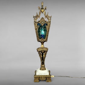 Moroccan-Inspired Brass and Colored Glass Lantern Table Lamp