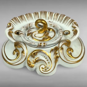 Antique French Porcelain Gold Gilt Desktop Quill and Inkwell Holder