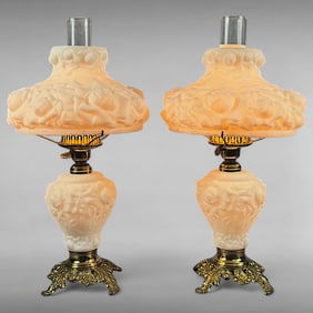 Pair of Vintage Fenton Cased Glass Puffy Rose White GWTW Table Lamps