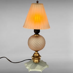 Vintage Pink Frosted Glass Accent Lamp with Ruffled Shade