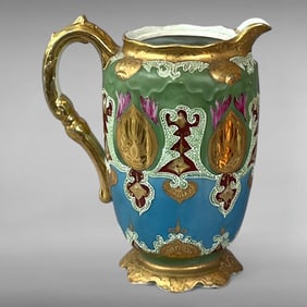 Nippon-Era Moriage Pitcher Gilt Floral & Geometric Hand-Painted Porcelain