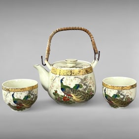 Vintage Satsuma Tea Set Peacock Motif, Gold Gilt, Teapot & Cups