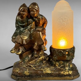 Dutch Couple Novelty Lamp with Floral Cylinder Style Globe