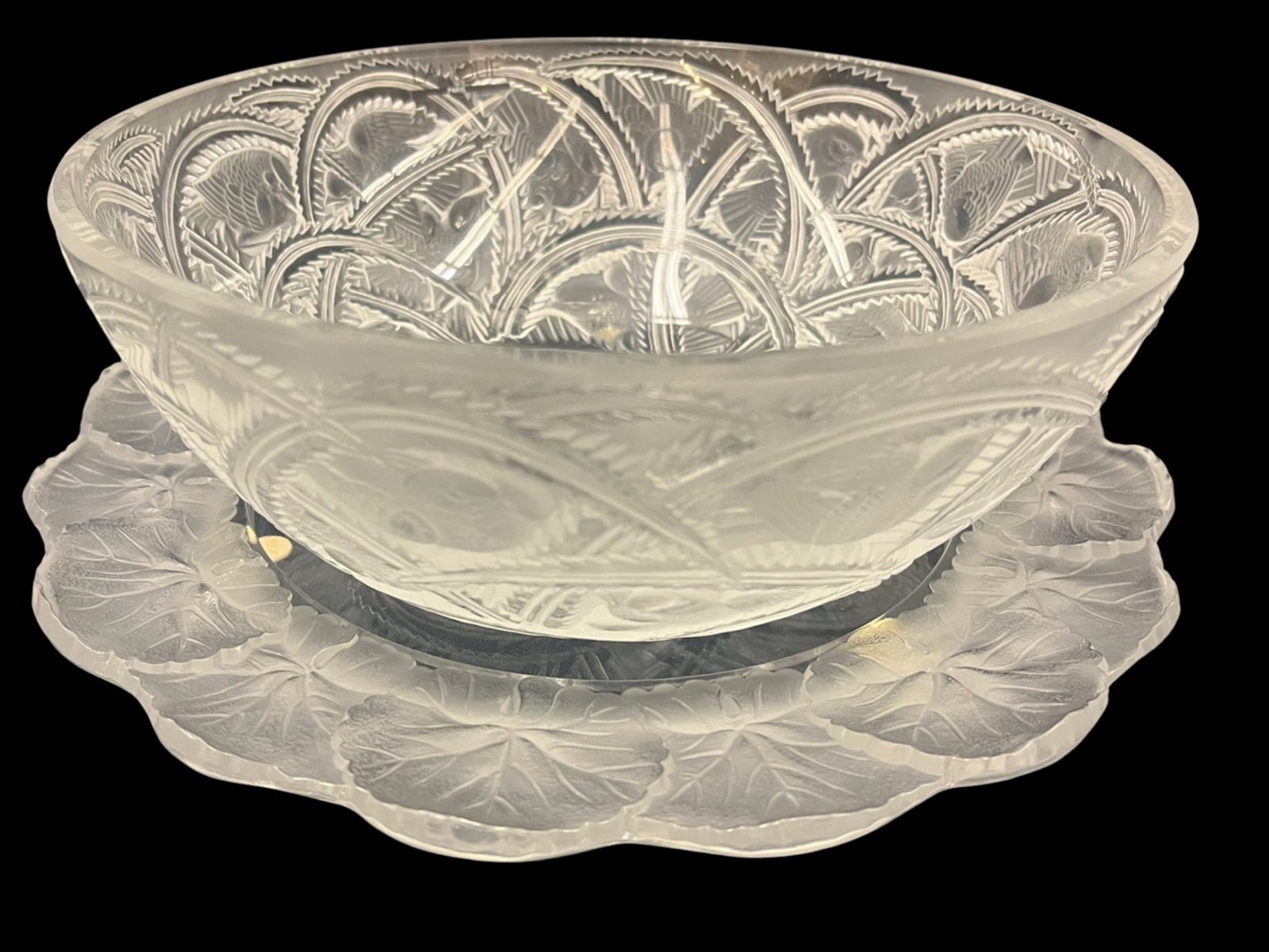 Lalique Frosted Pinsons Bowl & Platter: Lalique Frosted Pinsons Bowl & Platter Molded with small finches nesting. Etched Lalique France Dimensions. Platter 11” Bowl 9.25”W x 9.25”D x 4”H