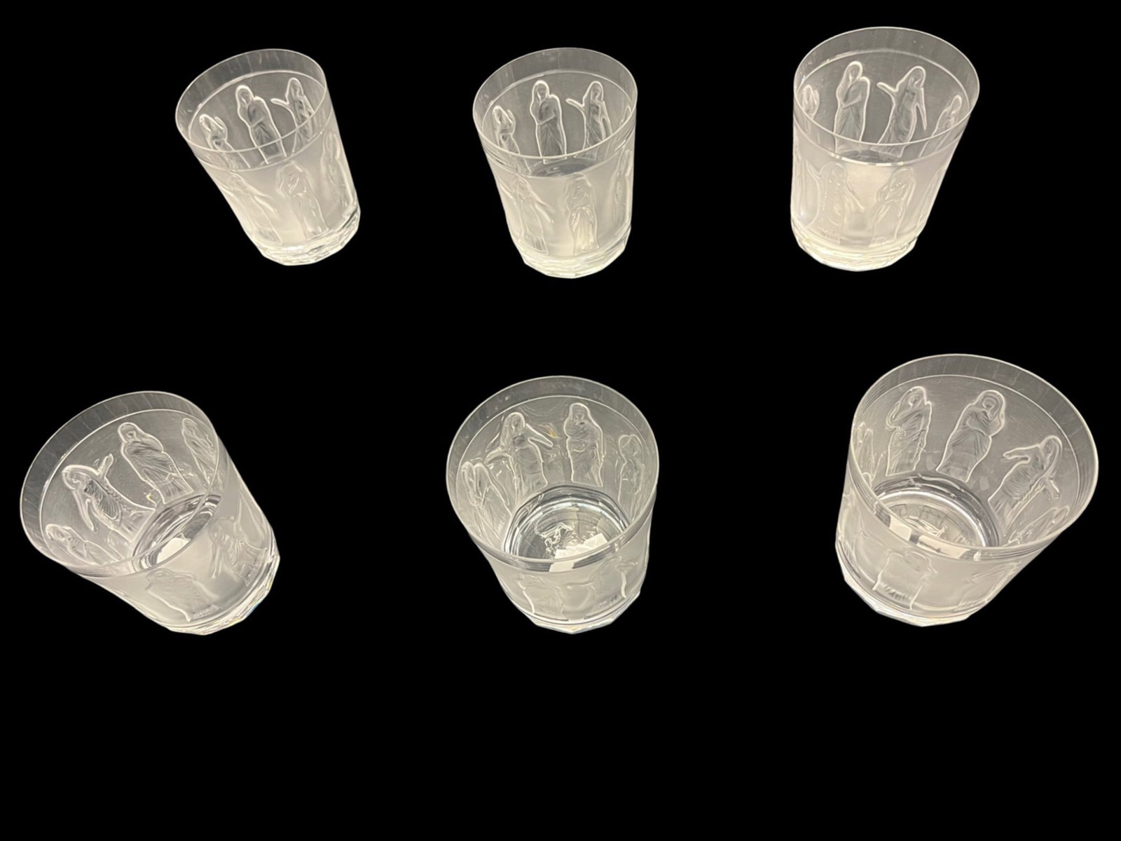 Lalique Femmes Old Fashioned Tumblers- set of 6: Lalique France Crystal Old Fashioned whiskey Tumbler Glasses Clear and Frosted Qty: 6 tumblers Dimensions: H: 4” Dia. 3-1/2” With Original Box
