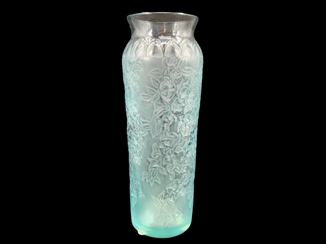 Lalique France Bougainville Bud Vase: Lalique France Bougainville Bud Vase #12496 Light Blue Etched Lalique France H: 7” W: 2.5” Original box