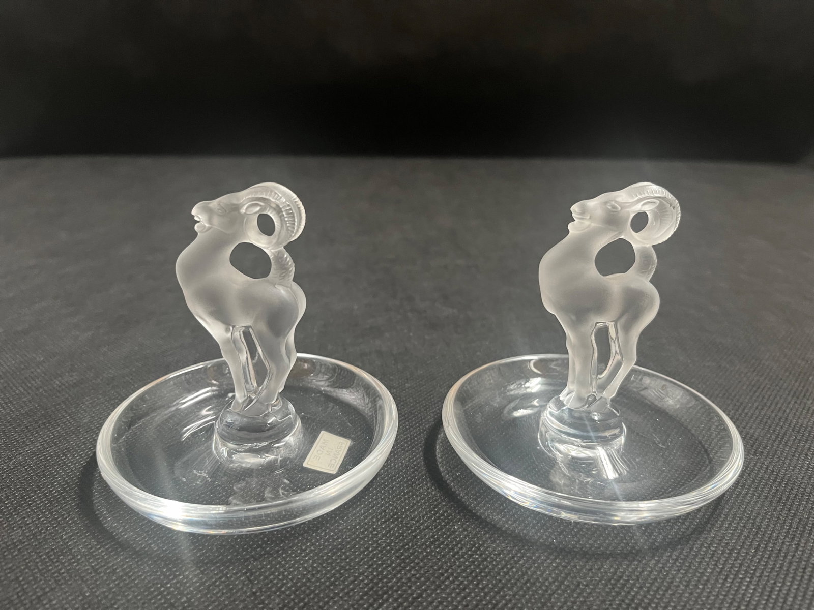 Two Lalique Ram Pin Trays: Two Lalique Ram Pin Trays # 10708 Etched Lalique France 4”T x 3.5” W