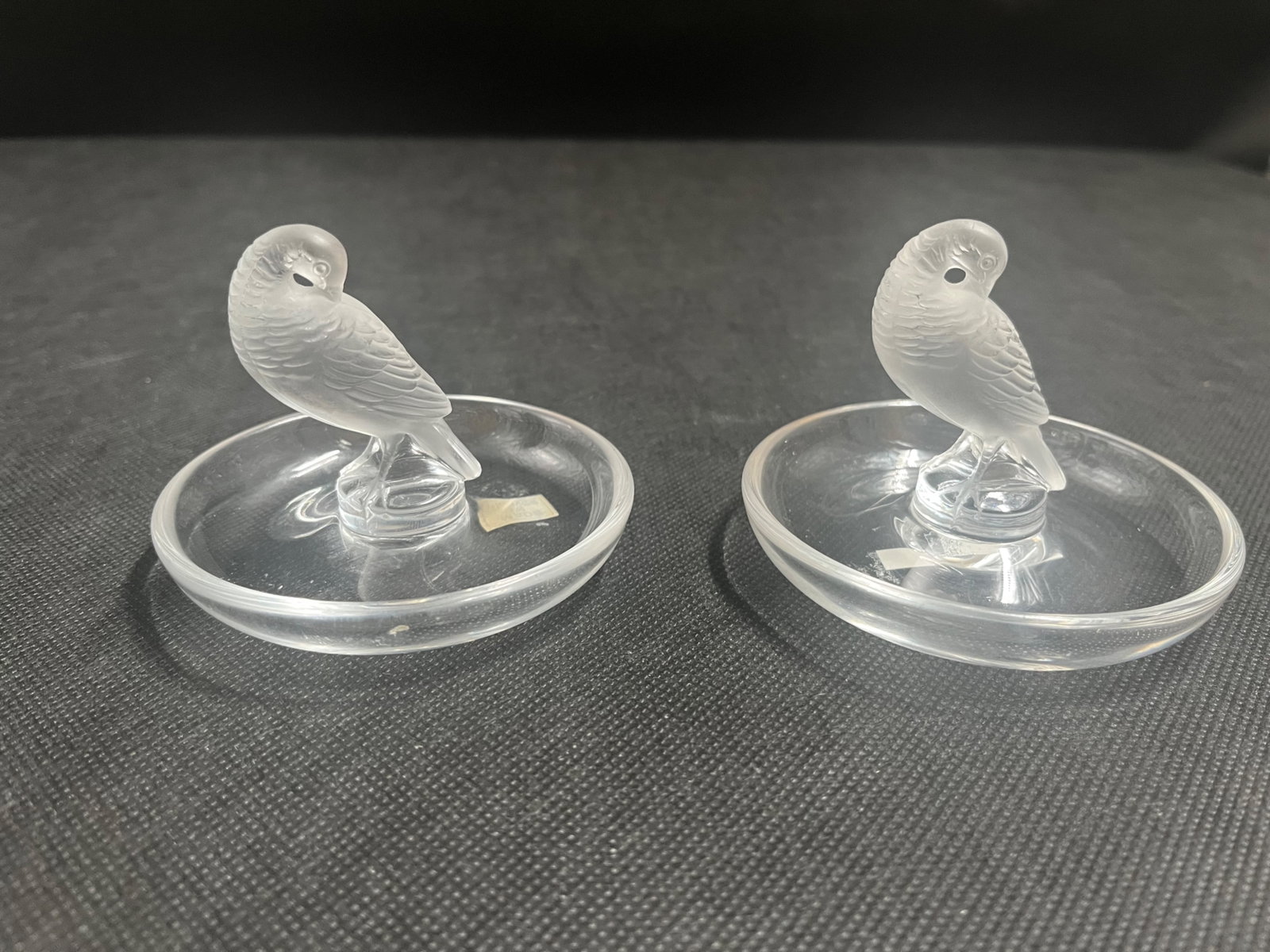 Two Lalique Turtledove Pin Trays: Two Lalique Turtledove Pin Trays # 10716 Etched Lalique France 3”H x 3”W