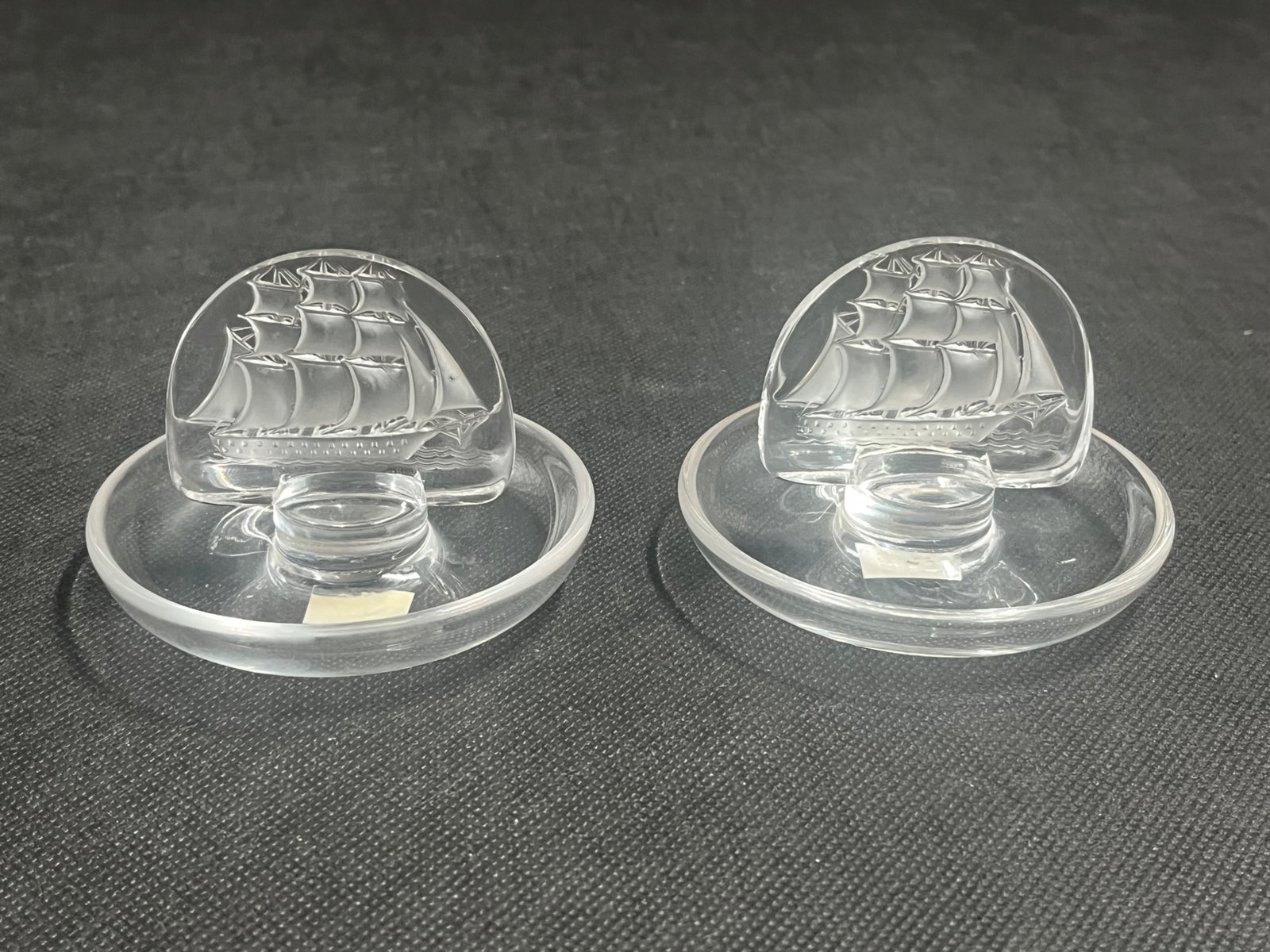 Two Lalique Caravelle Ship Pin Trays: Two Lalique Caravelle Ship Pin Trays # 10711 Etched Lalique France 3”H x 3”W