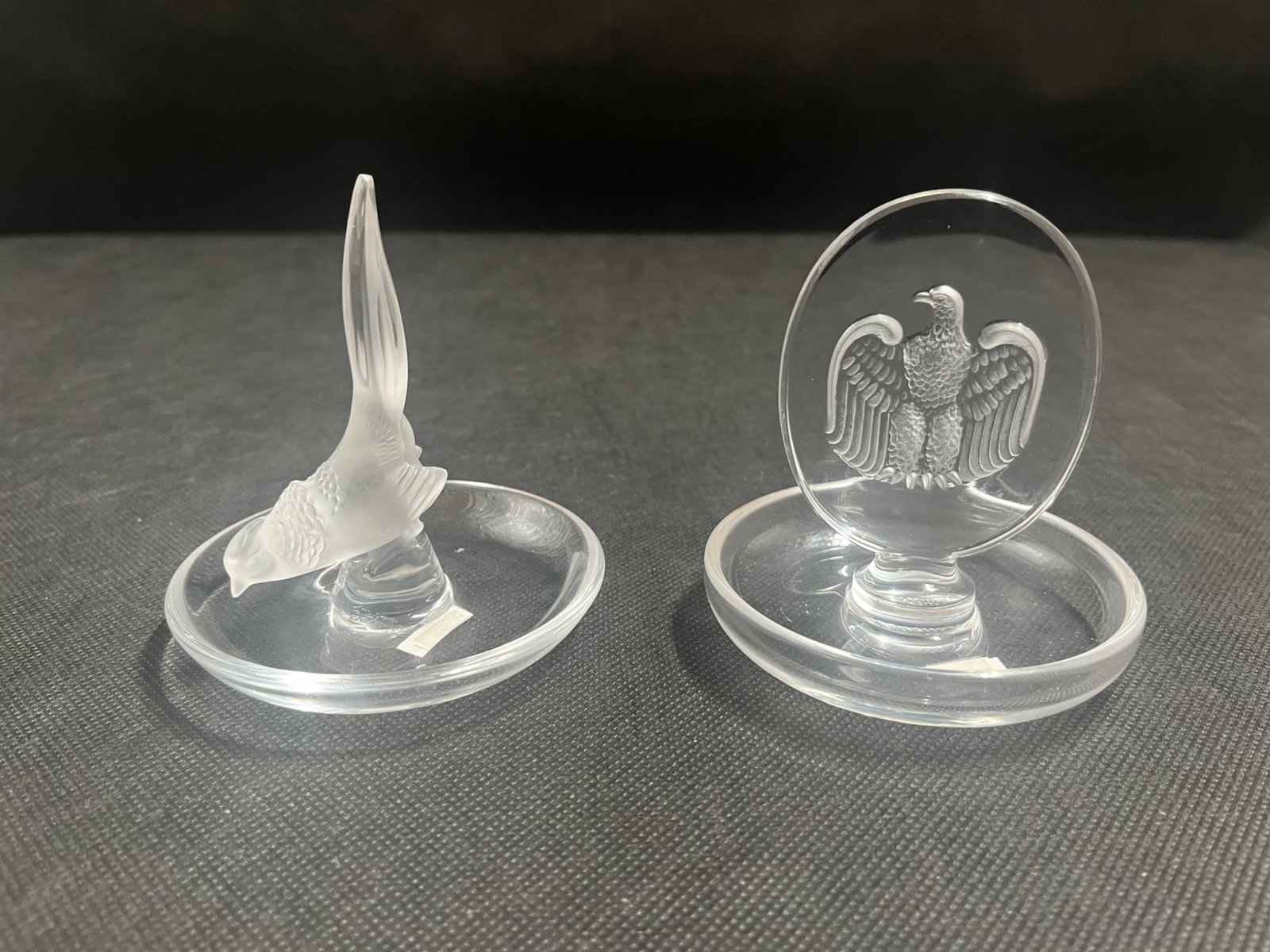 Two Lalique Pin Trays (Partridge Quail & Bicentennial): Two Lalique Pin Trays (Partridge Quail & Bicentennial) Quail # 10713 & Bicentennial # 10756 Etched Lalique France 4.5”H x 3.5”W