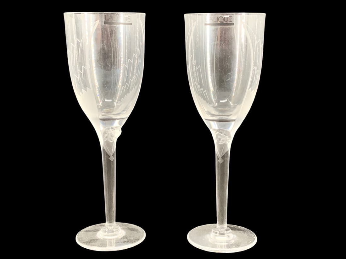 Lalique Angel Champagne Flute glasses qty Two: Lalique Angel Champagne Flute glasses qty Two Etched Lalique France H: 8” Dia: 2 5/8”