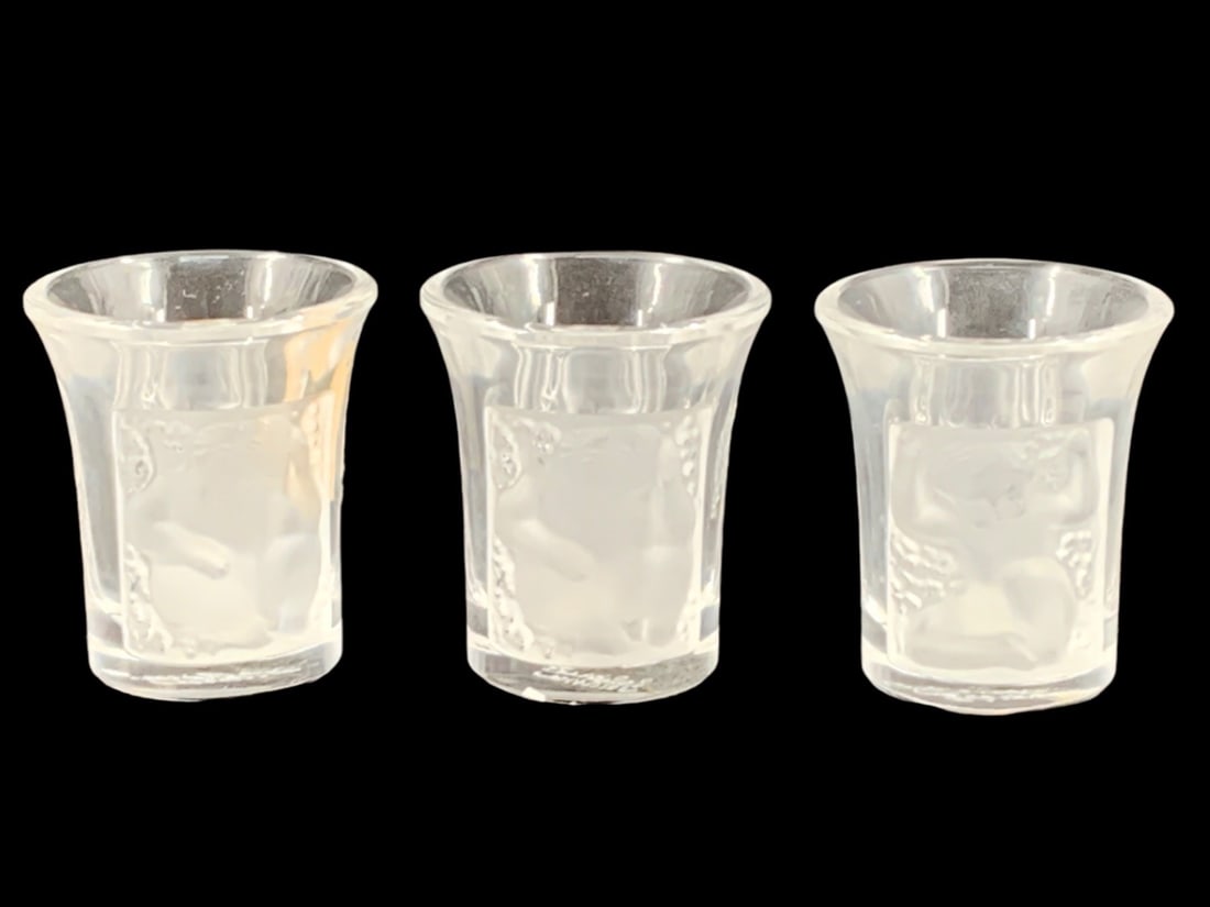 Lalique Shot Glasses - qty Three: Lalique Shot Glasses - qty Three #13400 Etched Lalique France H: 1.75” Dia: 1.5”