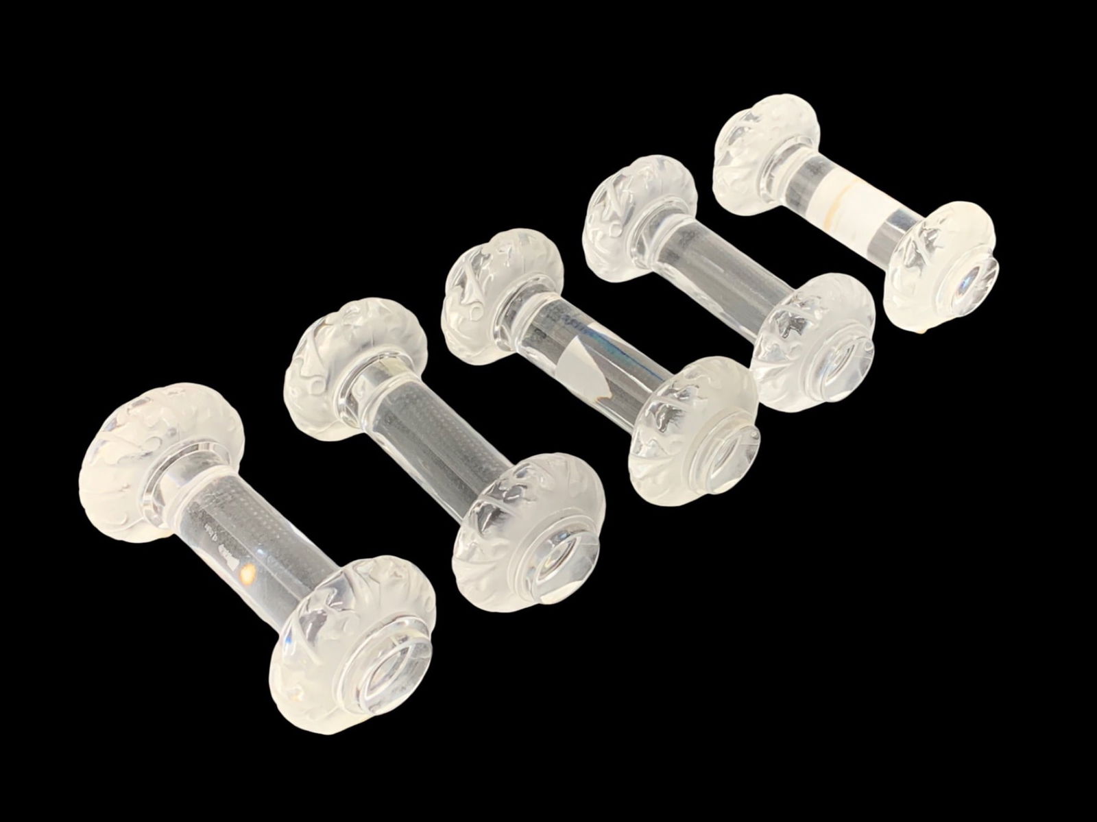 Lalique Barbell knife holders - qty Five: Lalique Barbell knife holders - qty Five Etched Lalique France W: 3 5/8”