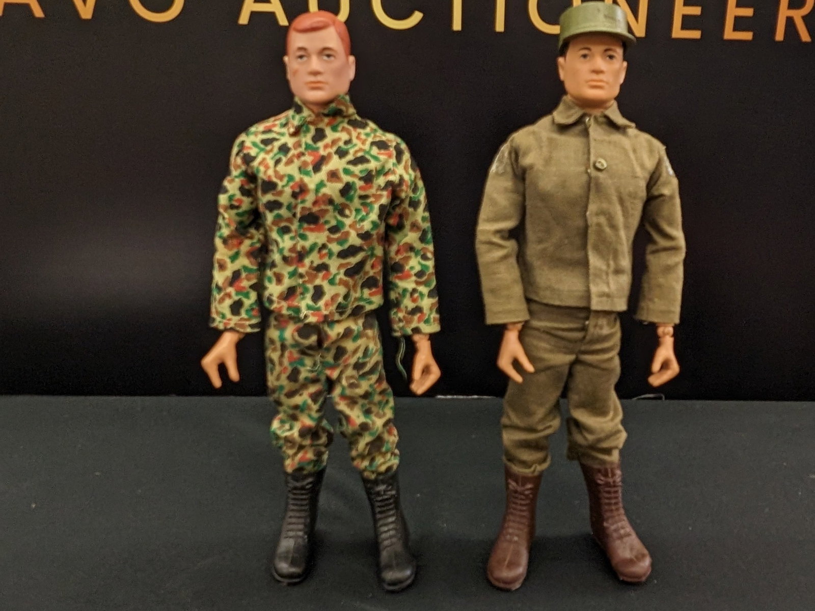 Vintage GI Joe 12" Action Figures (Soldier & Marine): 3310-1 Marine Red hair, hard head, figure. Cracking on front of both knees, upper lf bicep, & rt elbow. Slight paint wear on head by brow and on eyebrows. Stamping is GI Joe Copyright 1964 by Hasbro P