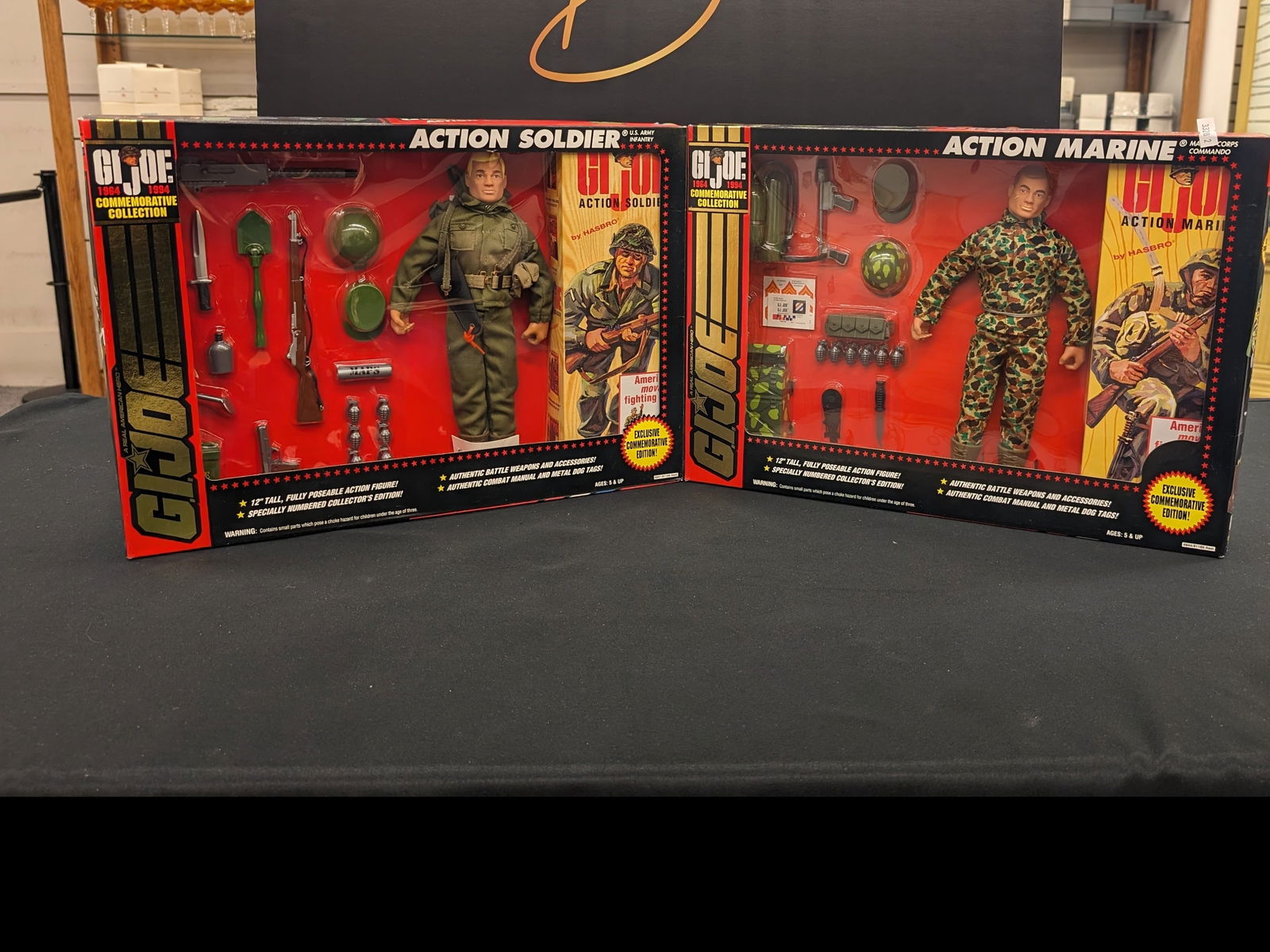 GI Joe Commemorative Collection Action Soldier and Marine: 3328-1 Action Soldier GI Joe Commemorative Collection exclusive edition Action Soldier sealed in box. Figure and accessories still attached in packaging. Figure comes with 6 grenades, a rolled map, fa