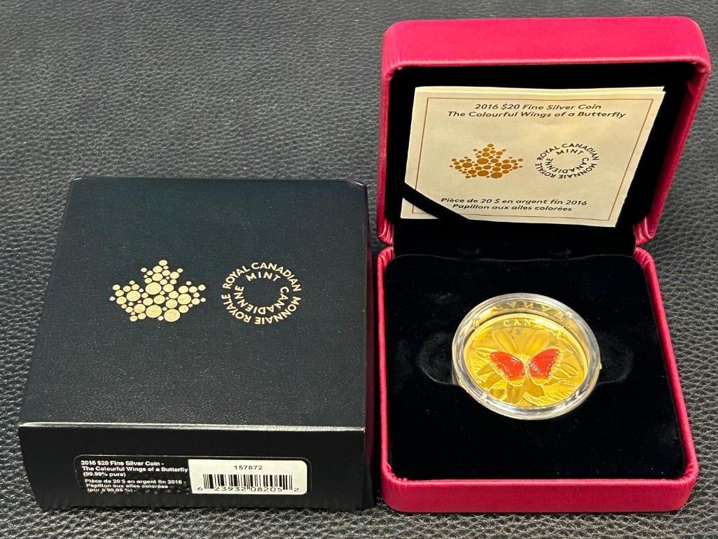 2016 $20 Fine Silver Coin - The Colourful Wings of a Butterfly.: 2016 $20 Fine Silver Coin - The Colourful Wings of a Butterfly.