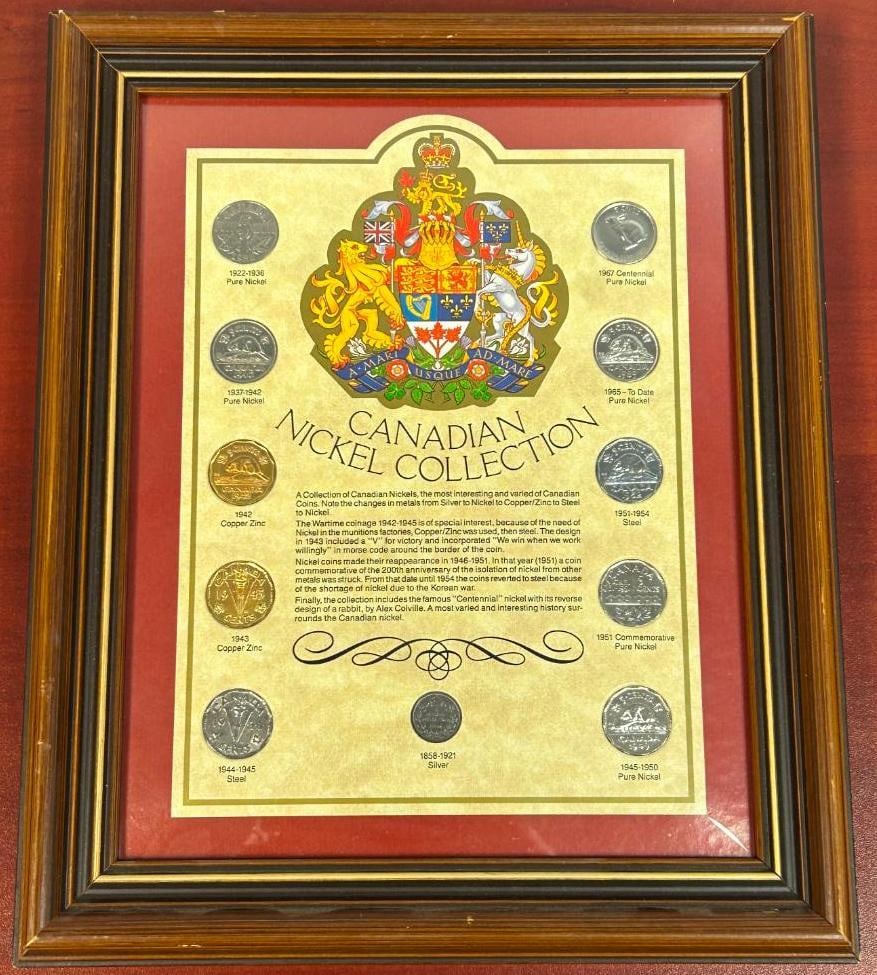 Canadian Nickel Collection with Silver - Wood Frame.: Canadian Nickel Collection with Silver - Wood Frame.