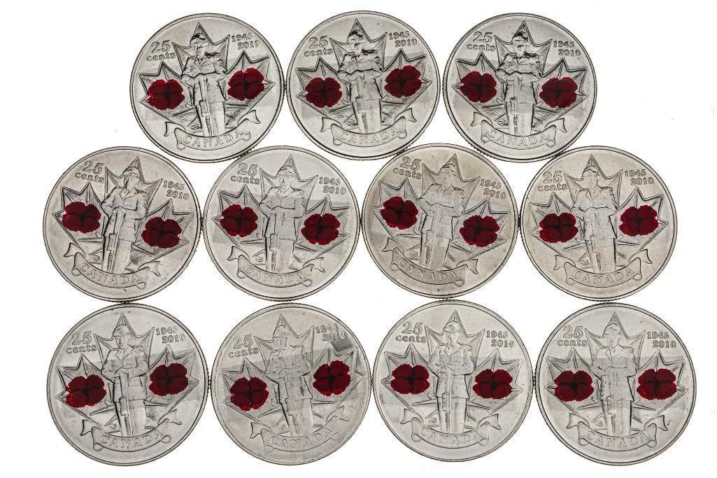 Lot of (11) Canada 2010 25 Cent - Poppies.: Lot of (11) Canada 2010 25 Cent - Poppies.