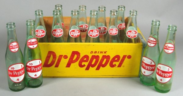 Dr. Pepper Wooden Crate & Bottles: Dr. Pepper Wooden Crate with 14 10 oz. Glass Bottles. 2 Styles, 9 ¾" t. & 5 ¾" t. Acme Box Co. (Very Good);
