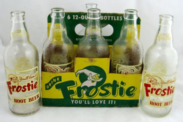 6 Pack Frostie Root Beer Bottles: 6 Pack Frostie Root Beer Bottles 8 ¼" t. (Good, Minor Wear to Box);