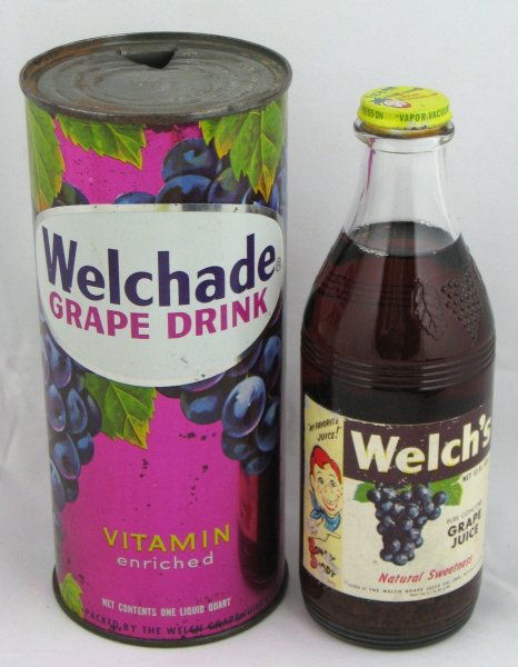 Welchade & Howdy Doody Welch's Juice: Welchade Grape Drink Tin & 1 Nos Bottle Howdy Doody Welch's Grape Juice 1946 7 ¾" t. & 7 1/2" t. (Very Good);