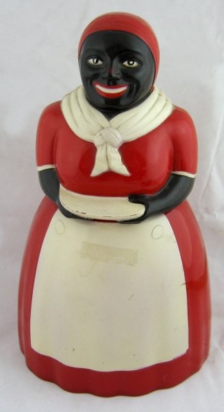 Aunt Jemima Cookie Jar & Premium Cards: Aunt Jemima, F&F Mold & Dye Works, Cookie Jar & 2 Aunt Jemima Premium Cards 11 ½" t. (Jar, Good – Crack on Head, Shoulder & Dress, Cards, Very Good- Shrink Wrapped);