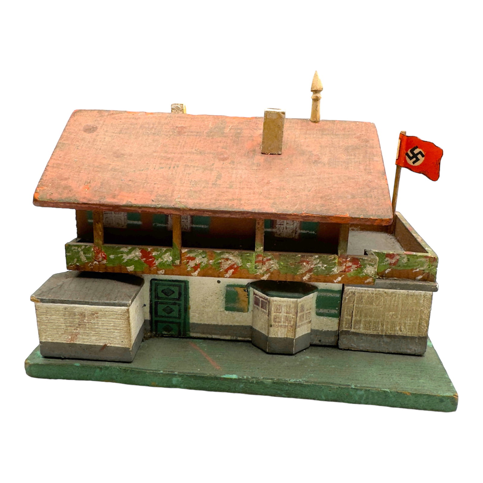 Adolf Hitler Haus Wachenfeld Berghof Coin Bank: Adolf Hitler Haus Wachenfeld Berghof Coin Bank. This is the RARE wooden version that was hand painted. Excellent detail. Locked with coins inside. Stamped Gesch on bottom. About 5 inches in length.