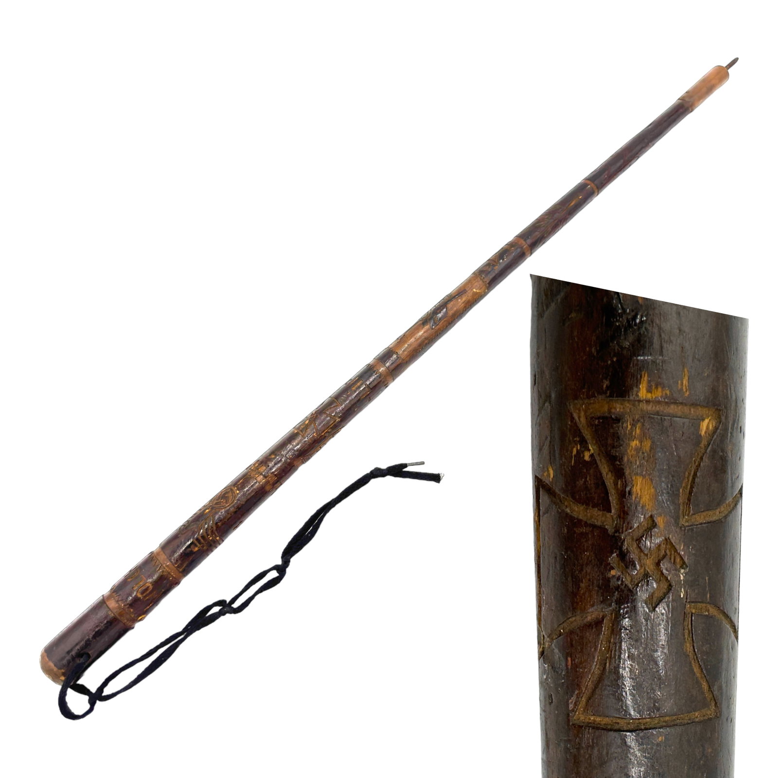 German WWII Nazi Swagger Walking Stick: German WWII Nazi Swagger Walking Stick with Iron Cross and Krim Shield carved in. About 36 inches.