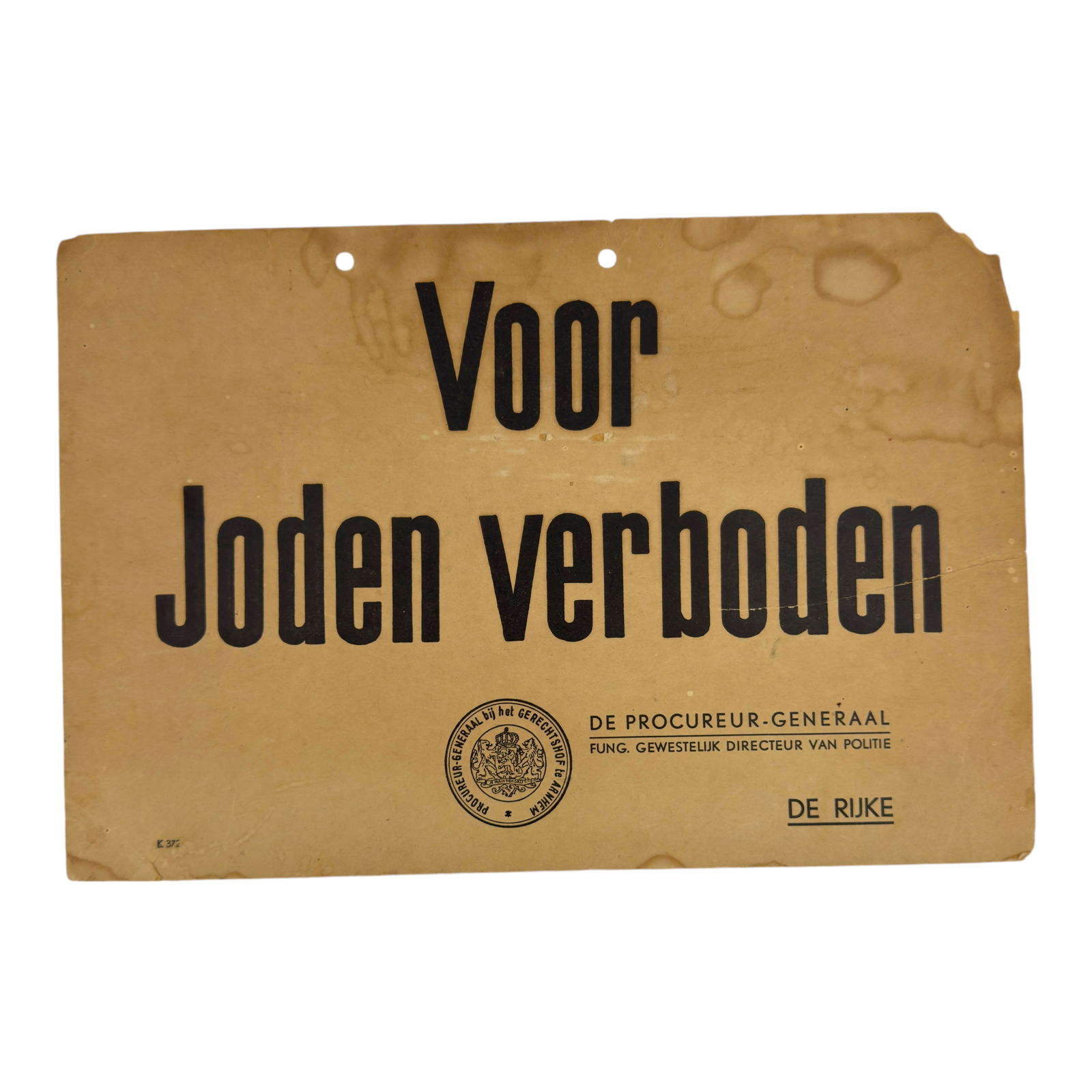 Dutch Anti-Semitic Sign "Voor Joden Verboden" (1 of 2)
