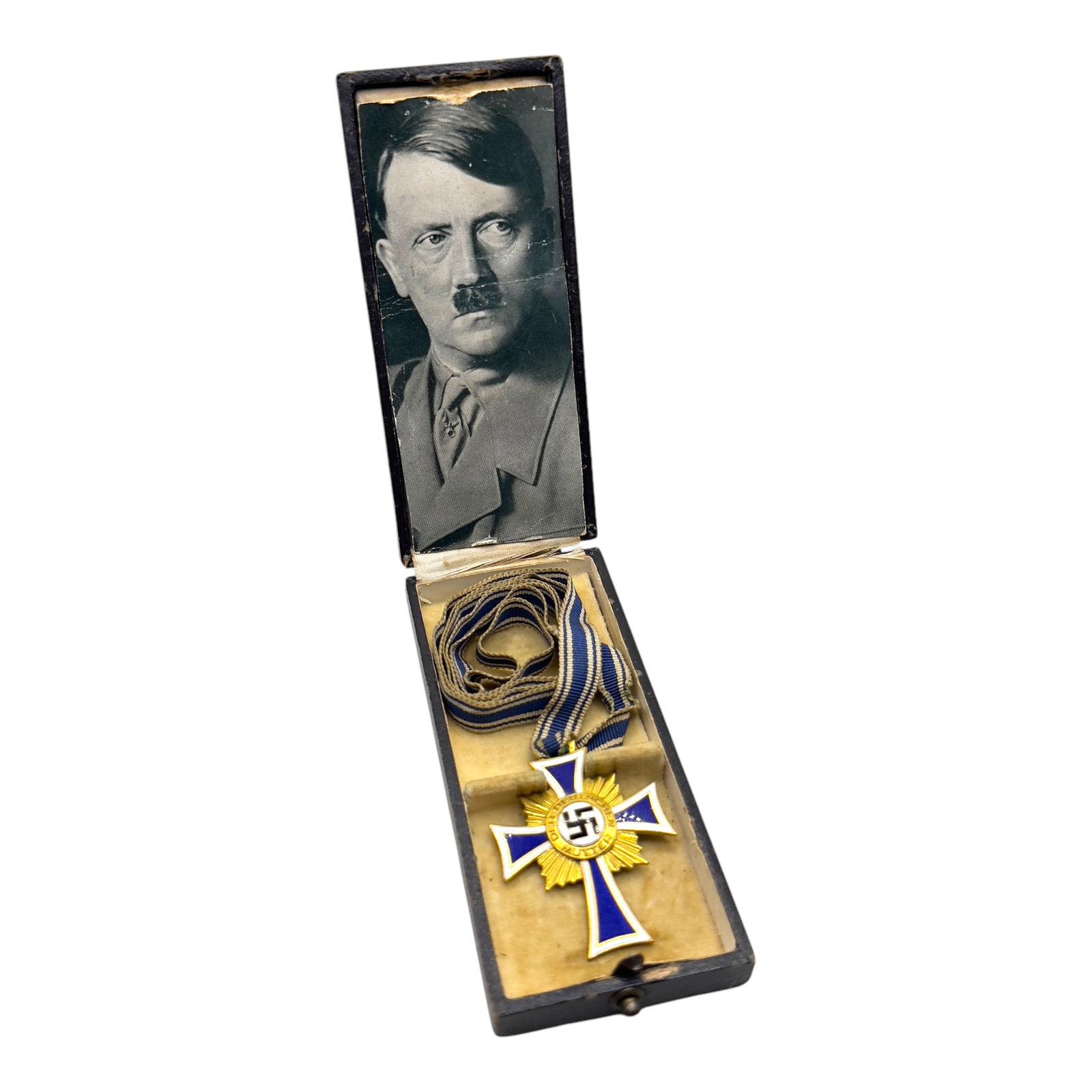 Third Reich Boxed Mothers Cross in Gold: Third Reich Boxed Mothers Cross in Gold, Hitler picture inside lid.