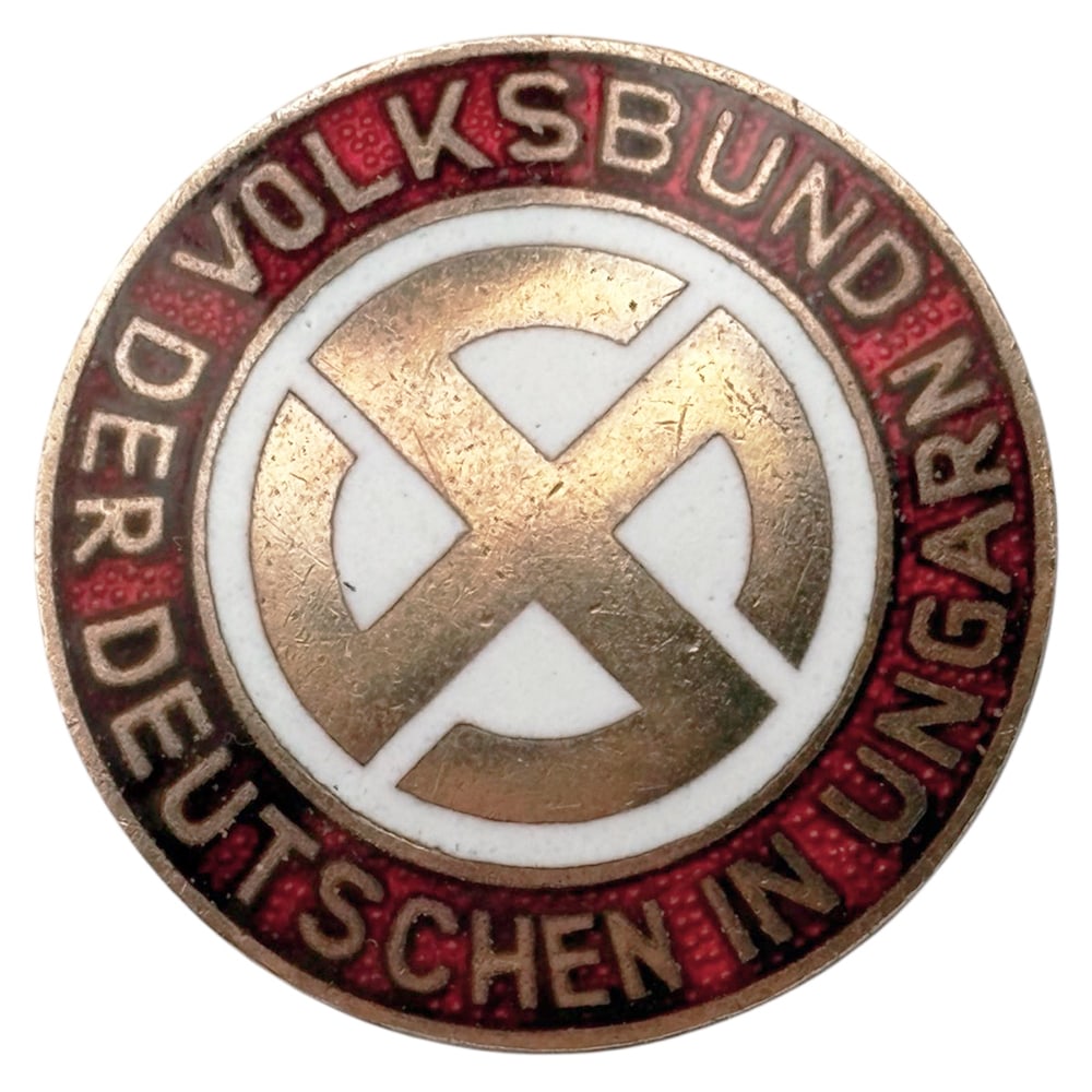 Very rare German Nazi badge from Hungary: A mint condition, original membership badge for the Nazi minded German people in Hungary. Very scarcely encountered.