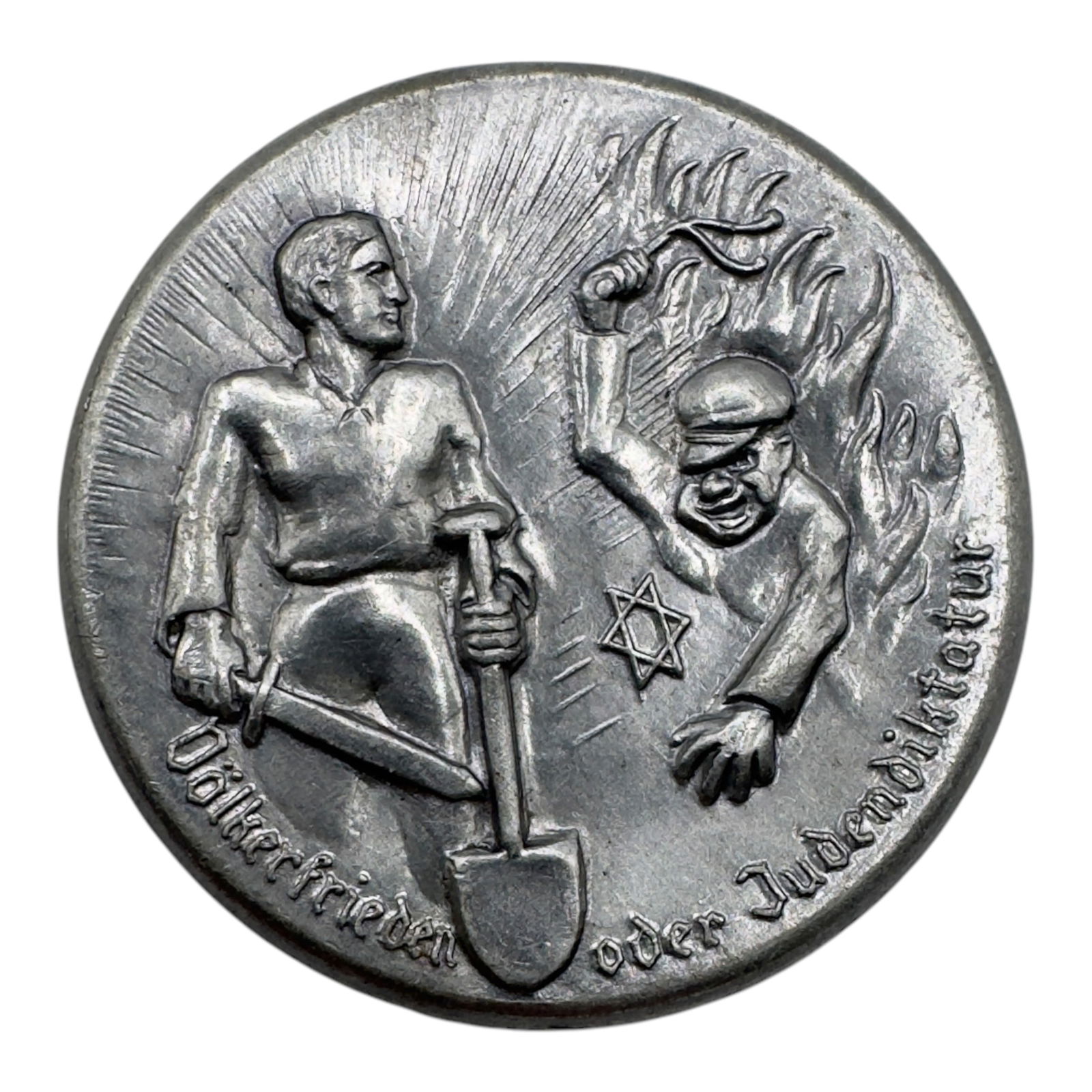 Very rare antisemitic NSDAP badge "Völkerfrieden oder Judendiktatur?" (1 of 2)