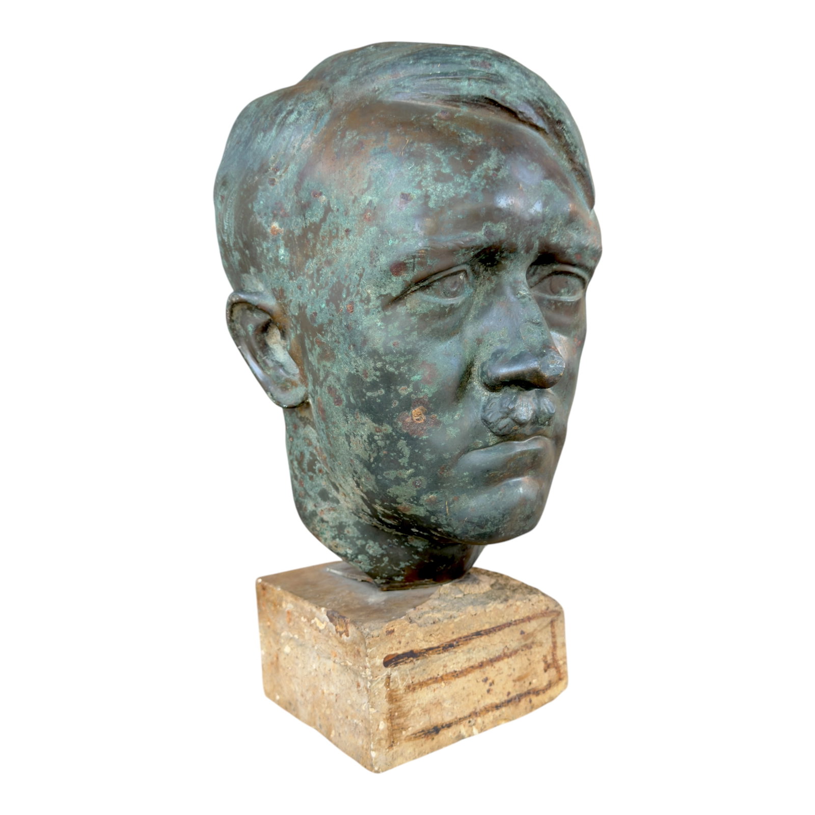 Adolf Hitler 1.5x Lifesize Bronze Bust by T.H. Linz: Adolf Hitler 1.5 x lifesize Bronze Bust by T.H. Linz. It was recently found buried at a construction site in central Berlin. The stone base is original and the piece was only rinsed. The neck has a ma
