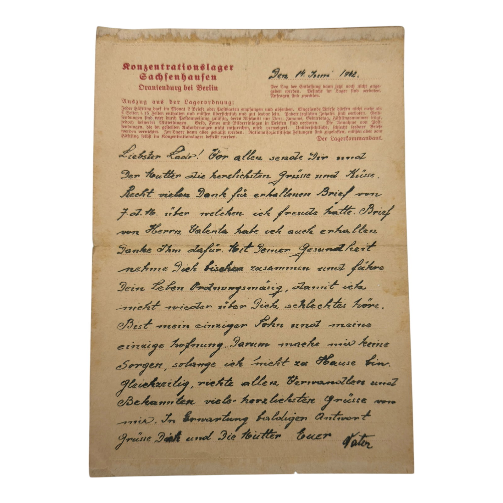 Sachsenhausen Concentration Camp Prisioner Letter 1942 (1 of 4)