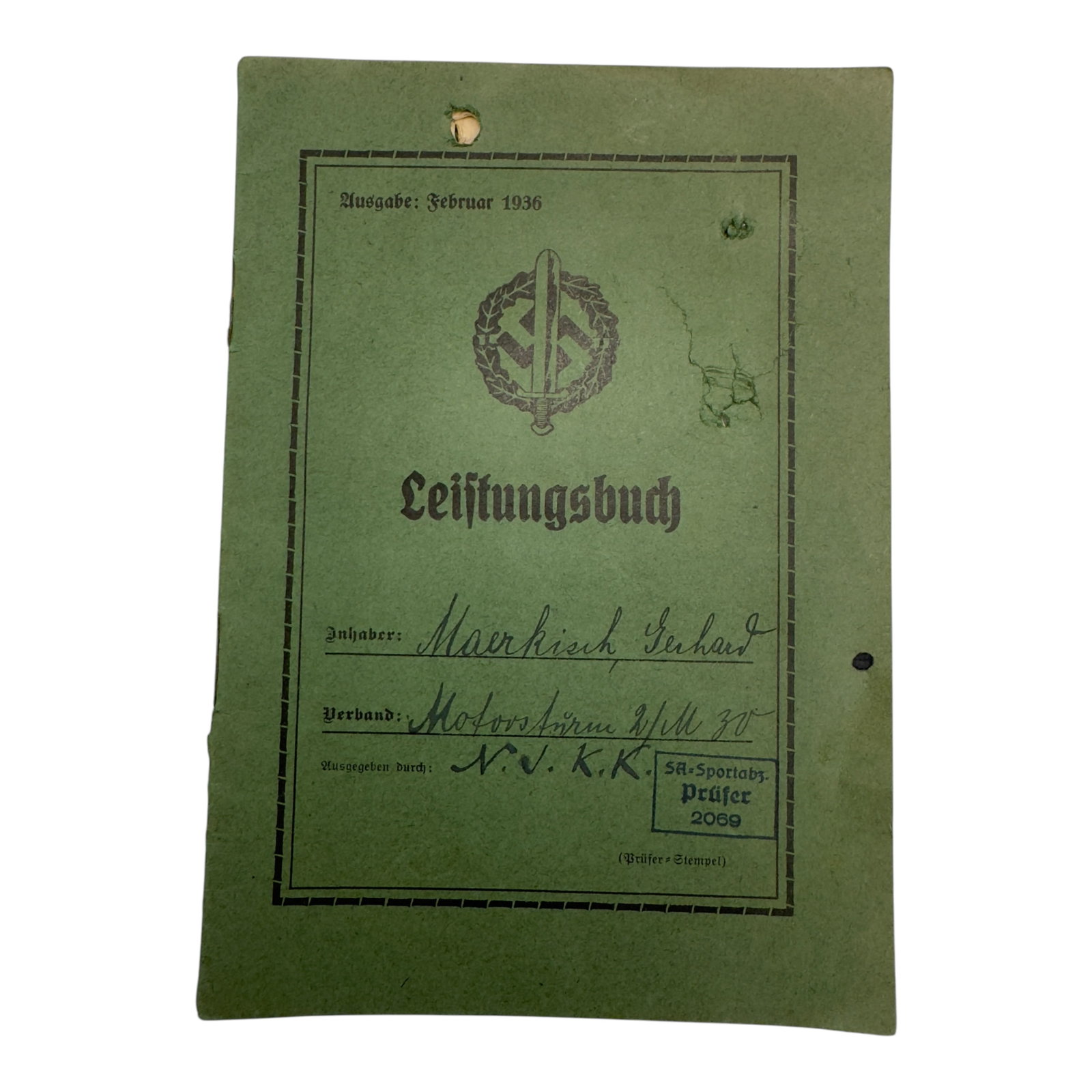 Third Reich SA Sport Leistungbuch: Third Reich SA Sport Leistungbuch performance log.