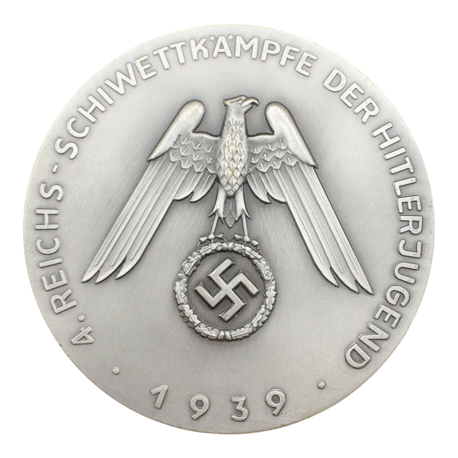 Hitler Youth HJ Jugend Skiing Competition Table Medal 1939: DESCHLER HOARD FIND! Mint, unissued Hitler Youth HJ Jugend Skiing Competition Table Medal 1939. This was found along with many other unissued prototype medals in the former Deschler factory several ye