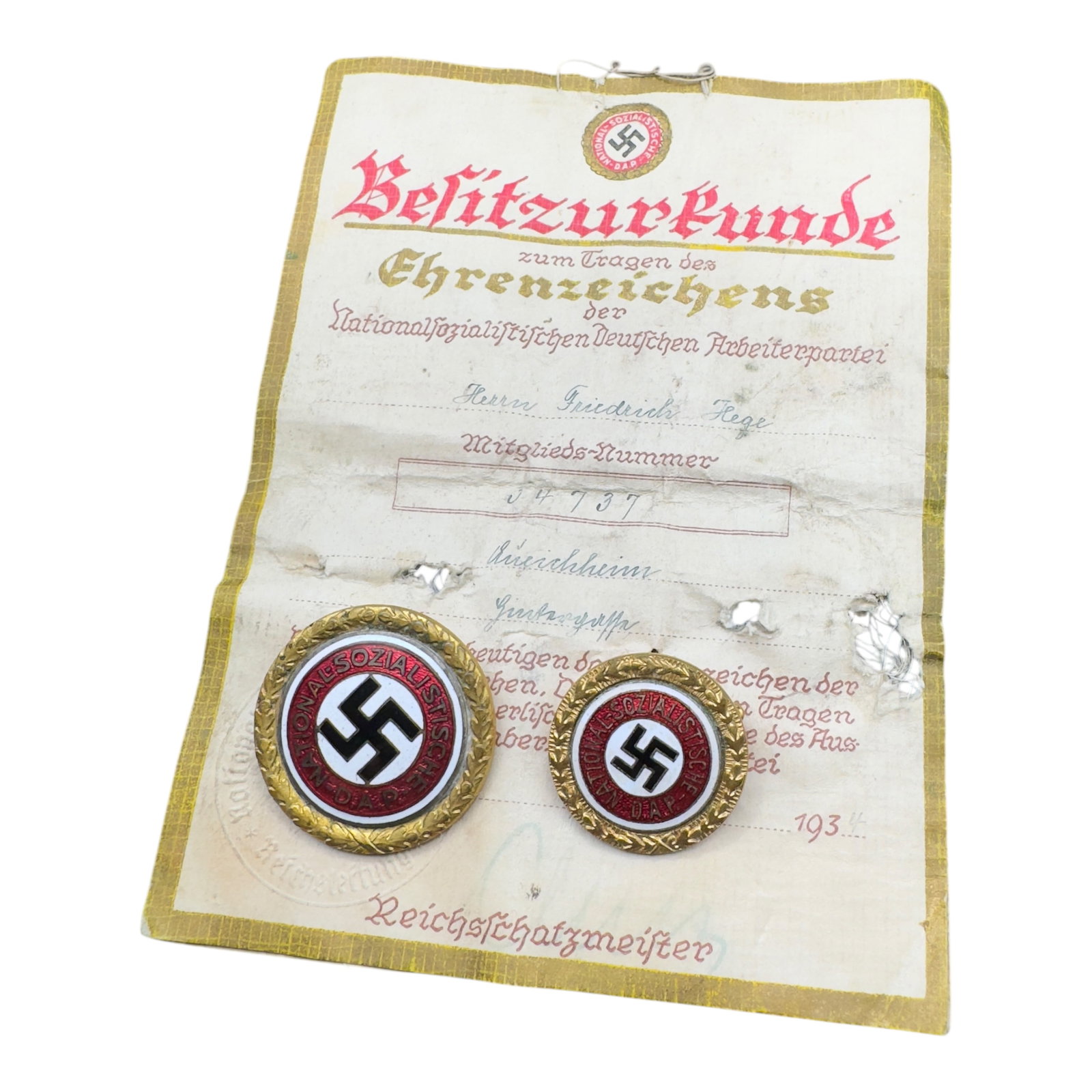 Matching Set NSDAP Golden Party Badges with Certificate (1 of 5)