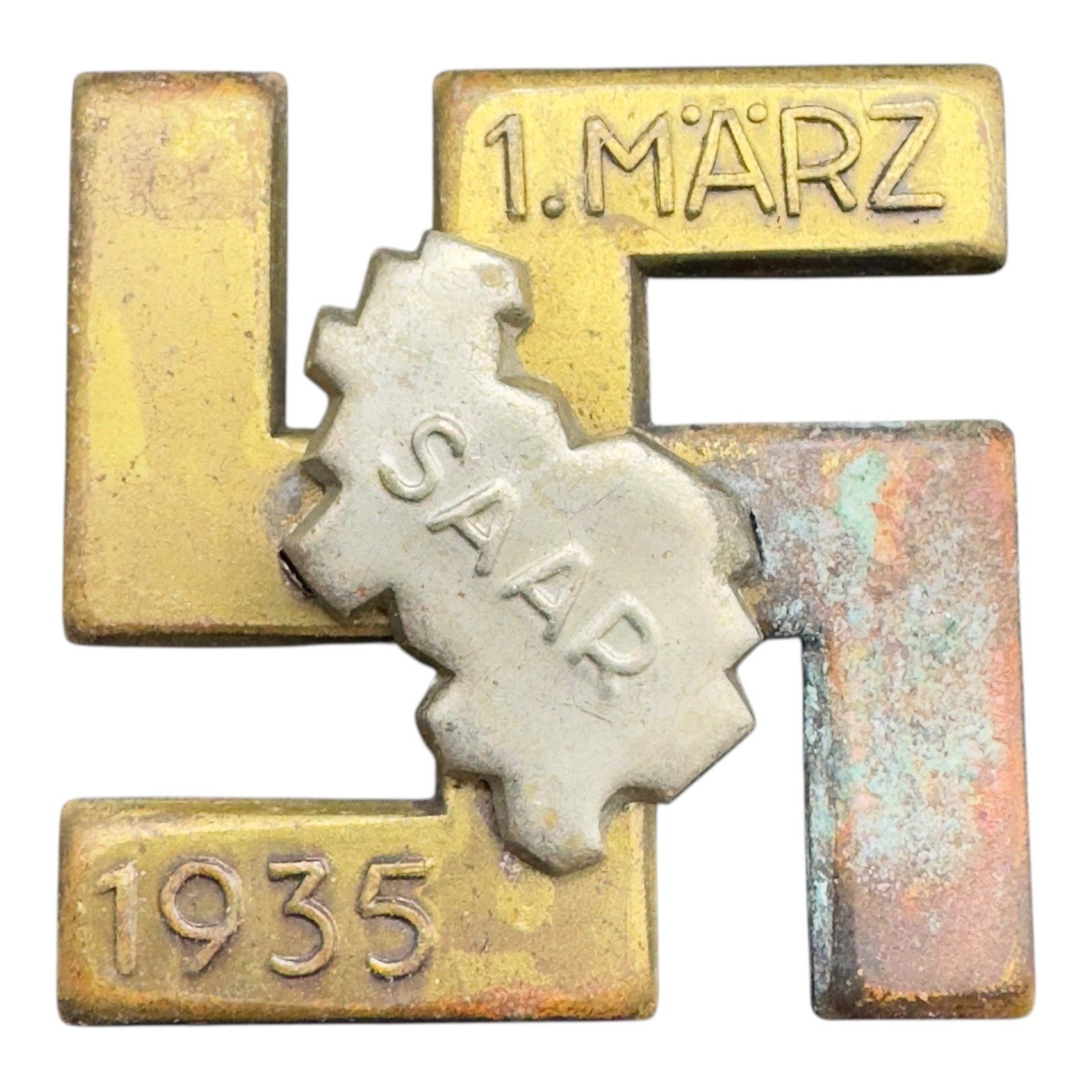Third Reich Nazi Saar 1935 Badge: Third Reich commemorative badge issued for the return of the Saar region to Germany in 1935