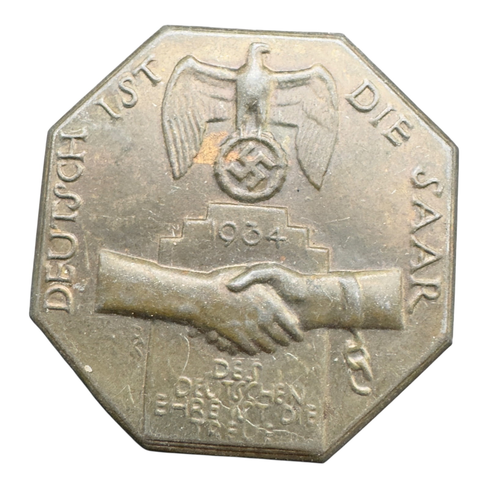 German Third Reich Nazi Die Saar 1934 Tinnie Badge: German Third Reich Nazi Die Saar 1934 Tinnie Badge
