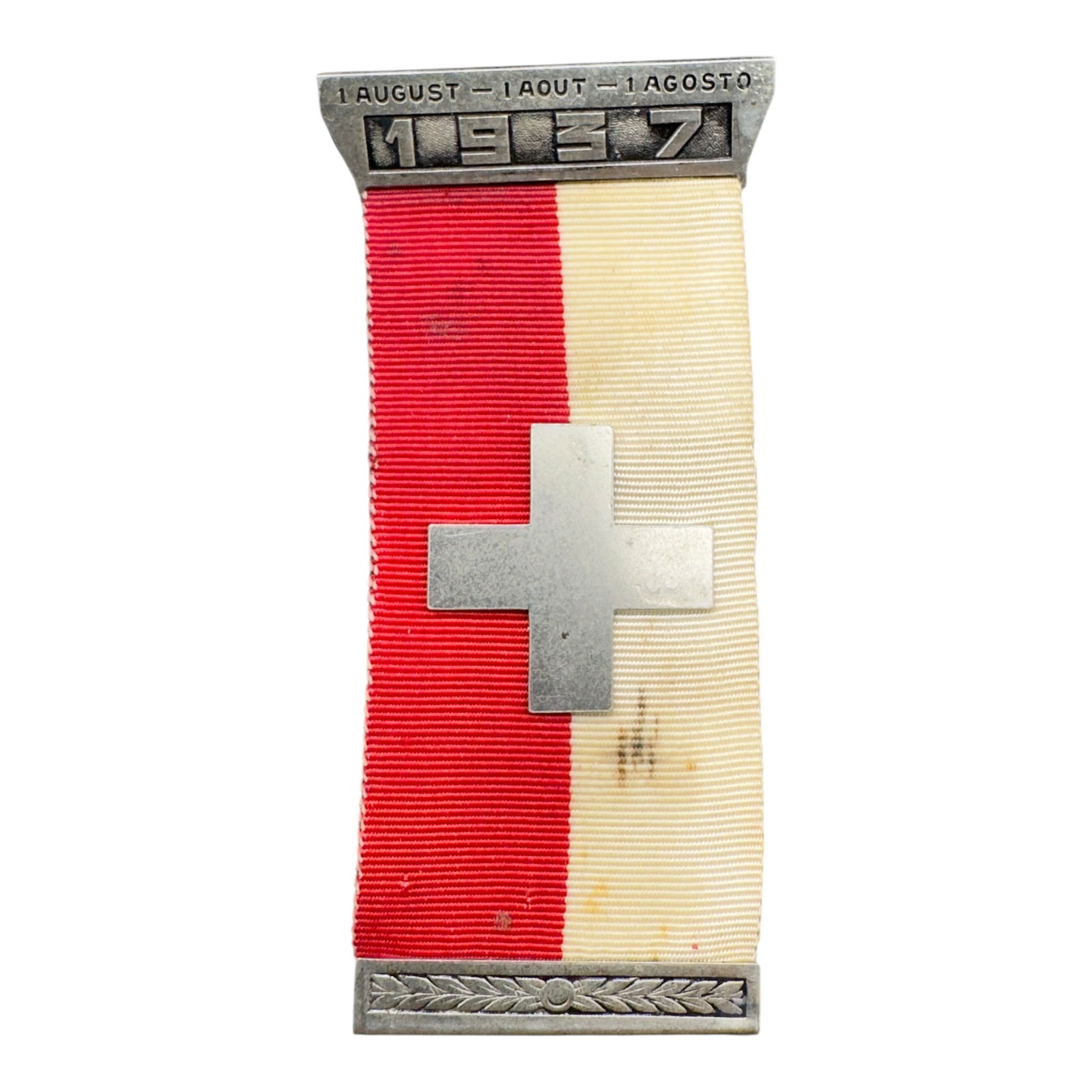 Swiss National Day Commemorative Ribbon 1937: Swiss National Day Commemorative Ribbon 1937. These ribbons were typically worn by Swiss citizens during National Day celebrations, parades, and patriotic events. They were produced annually in differ