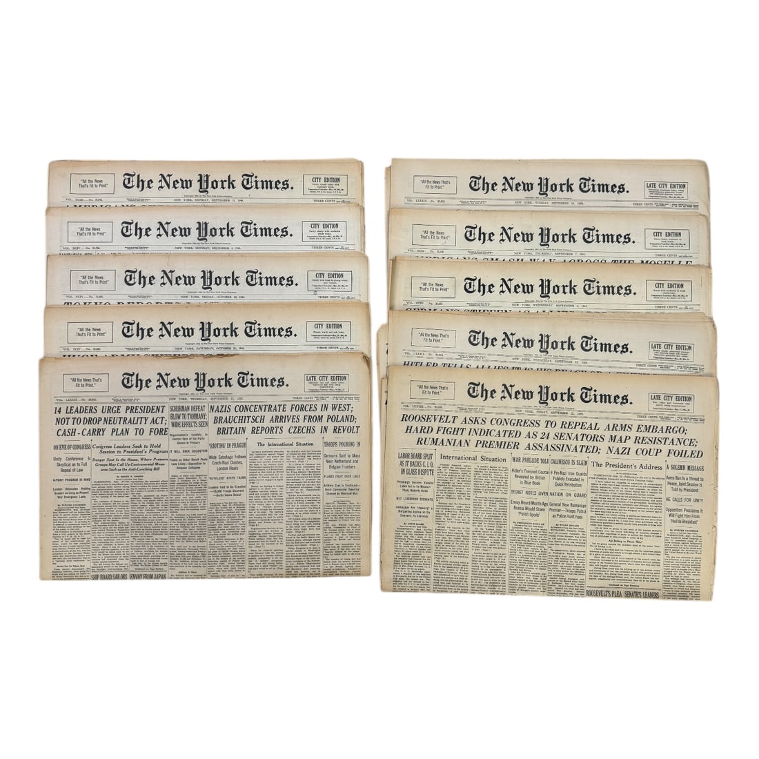 WWII New York Times Newspapers - Set of 10 (1 of 3)