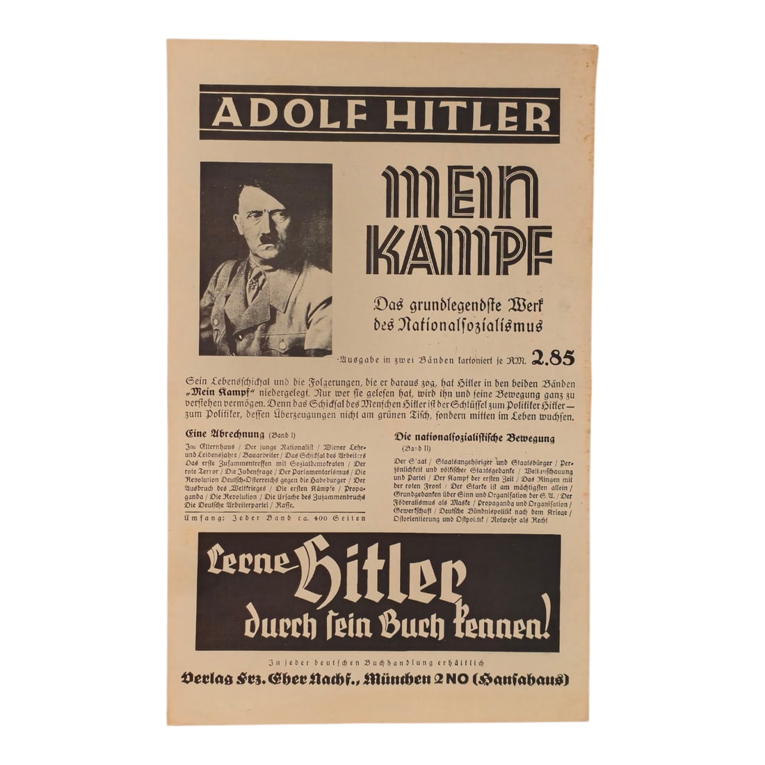 Adolf Hitler Mein Kampf Promotion Advertising Poster: This is an **original German advertisement poster for Adolf Hitler’s book *Mein Kampf*** — a propaganda piece promoting the Nazi Party leader’s political manifesto. It dates from the **early to