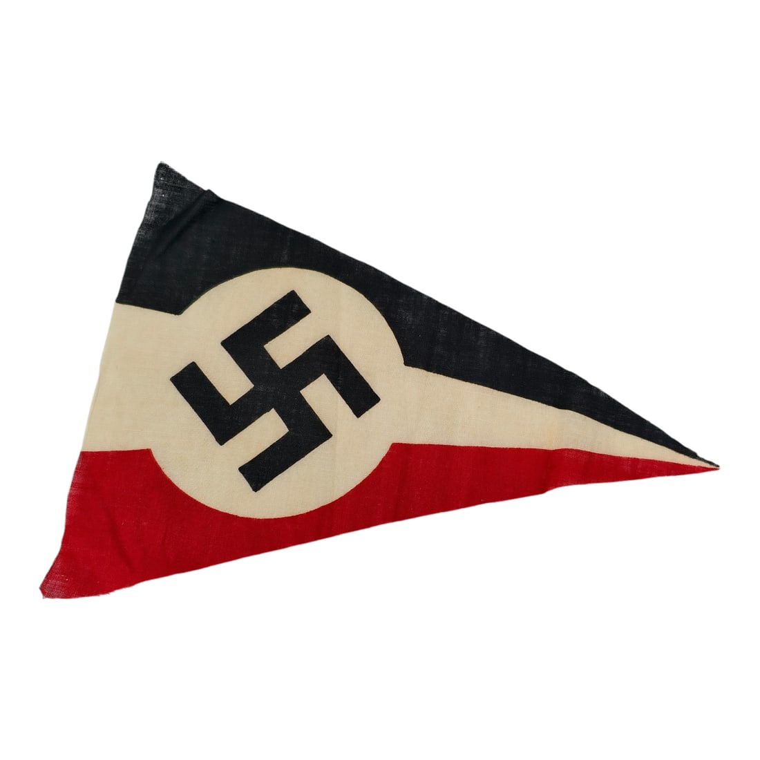 Third Reich Early Nazi Pennant: Early Nazi-era pennant — a vehicle or small parade flag featuring the swastika within a white disk on a red and black field.