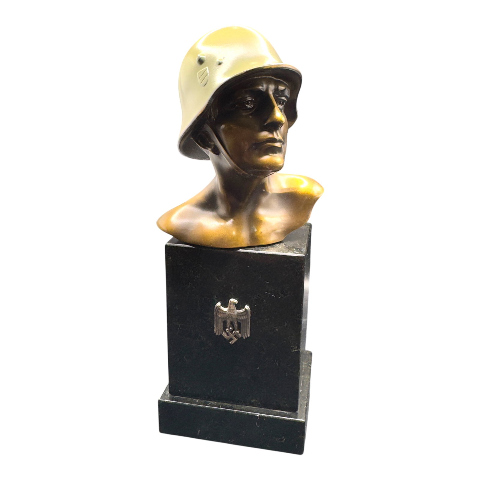 Third Reich Wehrmacht Stahlhelm Soldier Desk Bust: Third Reich Wehrmacht Stahlhelm Soldier Desk Bust. This is the nicest, most detailed example we've had. The helmet is finished in green and it's mounted to a 2-tier marble base with a national eagle e