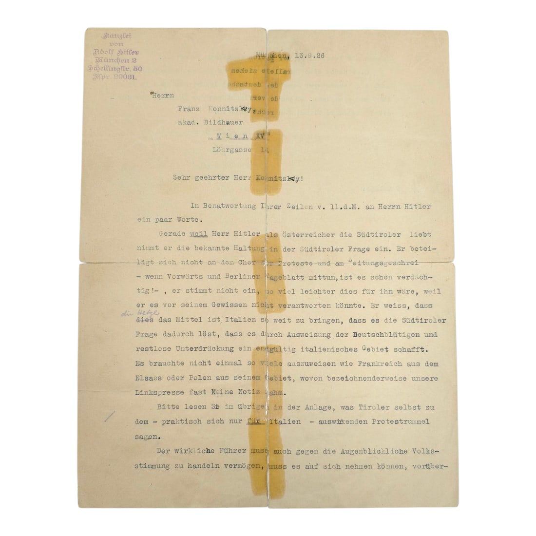Early Rudolf Hess Signed Letter from 1926: Early Rudolf Hess Signed Letter from 1926 to Franz Kominek, an academic sculptor located in Lienz, Austria . The letter addresses a question or comment that the recipient Franz Kominek made regarding