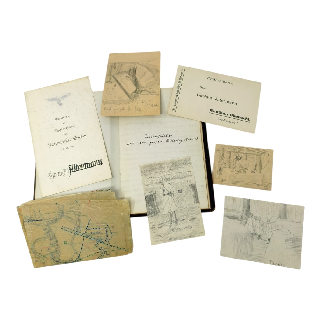 German Soldier WWI Diary Book with Drawings + Third Reich Documents: German Soldier WWI Diary Book with Drawings + Third Reich Documents